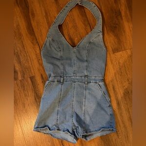 Denim Romper Shorts with Halter Neck
